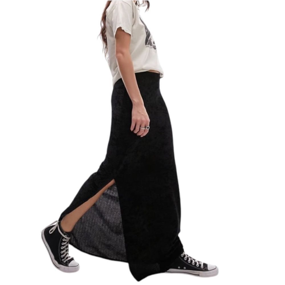 Topshop Velvet Maxi Skirt Size 4 Black Textured Jersey High Rise Side Slit